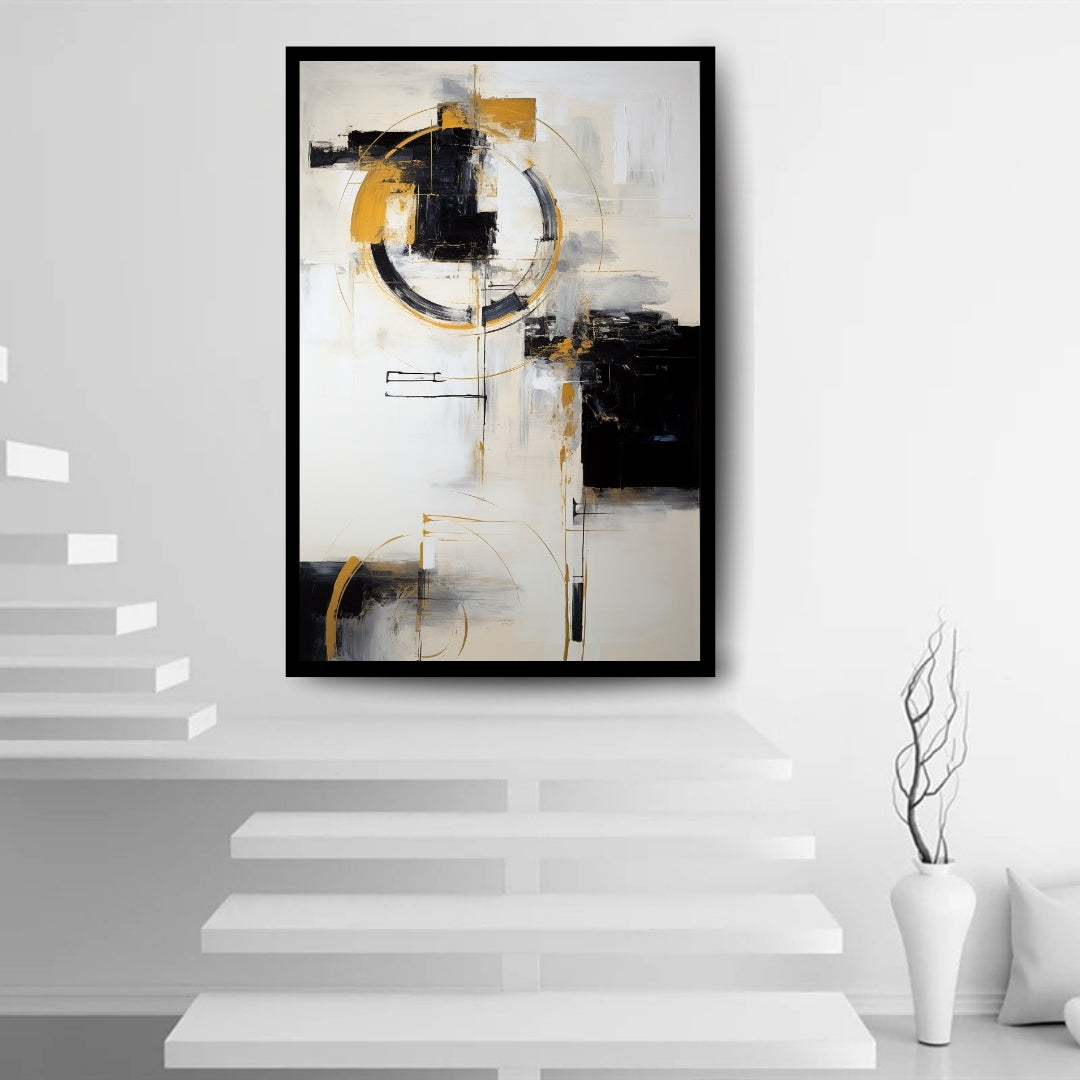 Intersecting Ideals by ArtixHub – abstract expressionist painting with black and gold circular forms and structured brushwork on white background
