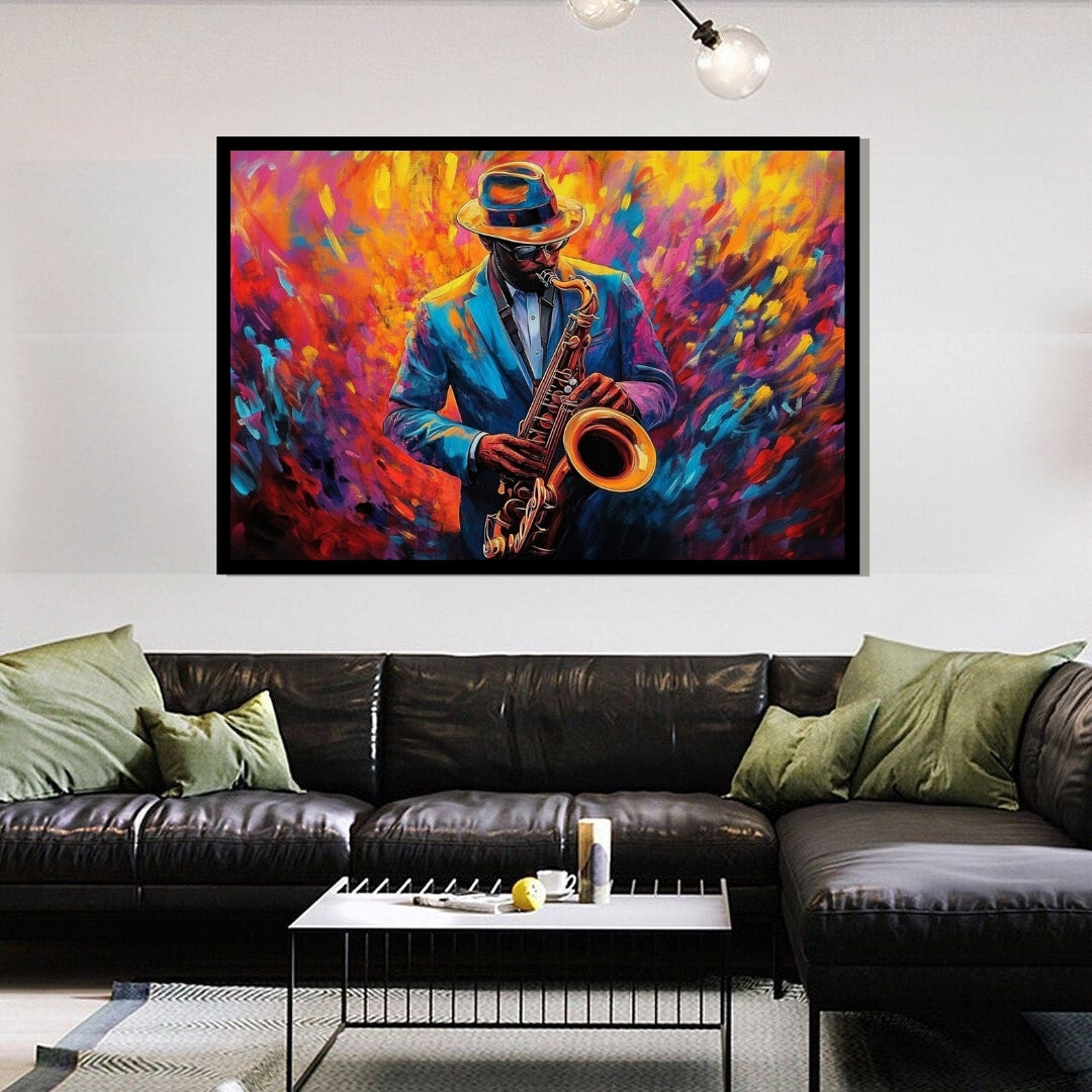 Colorful abstract painting of a person playing a saxophone. Jazzfire – Vibrant expressionist saxophone portrait of a jazz musician in blue suit and hat by Amina Diallo