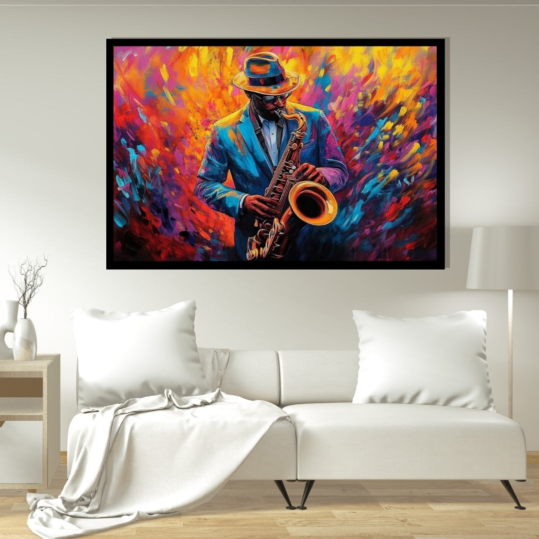 Colorful abstract painting of a person playing a saxophone. Jazzfire – Vibrant expressionist saxophone portrait of a jazz musician in blue suit and hat by Amina Diallo