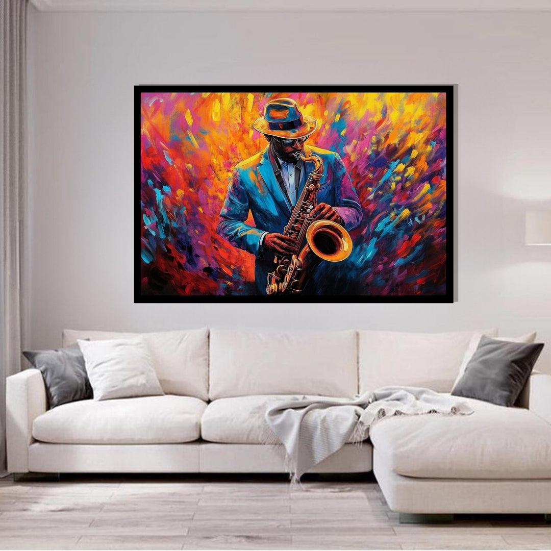 Colorful abstract painting of a person playing a saxophone. Jazzfire – Vibrant expressionist saxophone portrait of a jazz musician in blue suit and hat by Amina Diallo