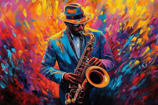 Colorful abstract painting of a person playing a saxophone. Jazzfire – Vibrant expressionist saxophone portrait of a jazz musician in blue suit and hat by Amina Diallo