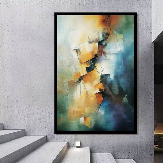 "Layered Remnants", abstract canvas wall art in blue and green tones