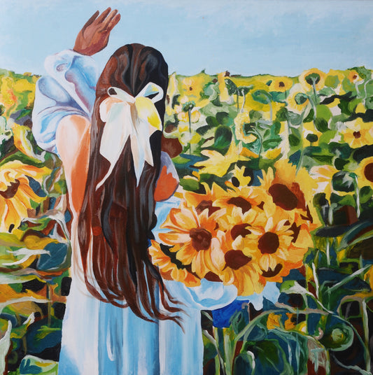 Painting of a woman in a blue dress with a white bow standing in a sunflower field. Painting of a girl with long brown hair tied with a white ribbon, holding a bouquet of sunflowers while standing in a sunflower field by Mira Ayyash