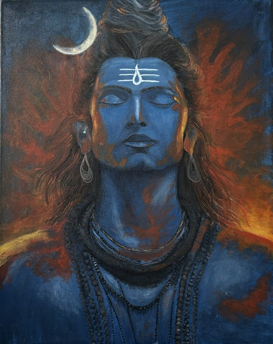 Blue-skinned deity with a crescent moon above the head, set against a fiery background. Magic of Mahadev – figurative spiritual painting of Lord Shiva in blue and orange hues by Hitika Puri