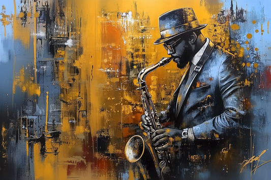 Artistic depiction of a saxophonist against an abstract cityscape background. Midnight Brass – Jazz saxophone portrait in blue and gold tones by Amina Diallo