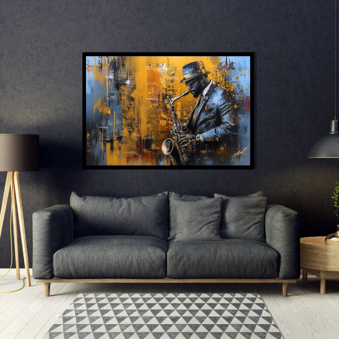 Artistic depiction of a saxophonist against an abstract cityscape background. Midnight Brass – Jazz saxophone portrait in blue and gold tones by Amina Diallo