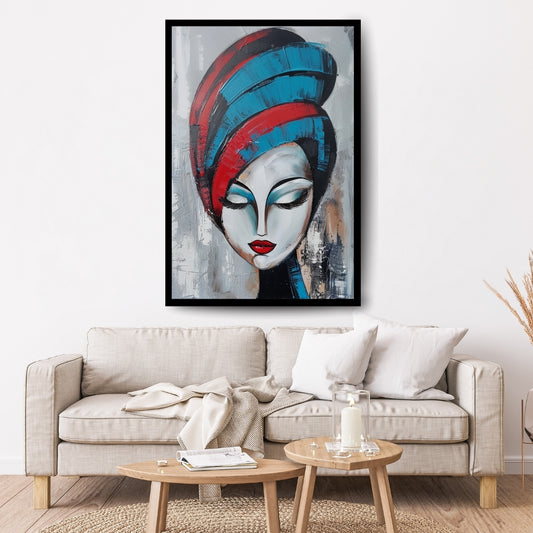 Modern Muse by ArtixHub – stylized female portrait in red and blue tones with closed eyes on textured grey background