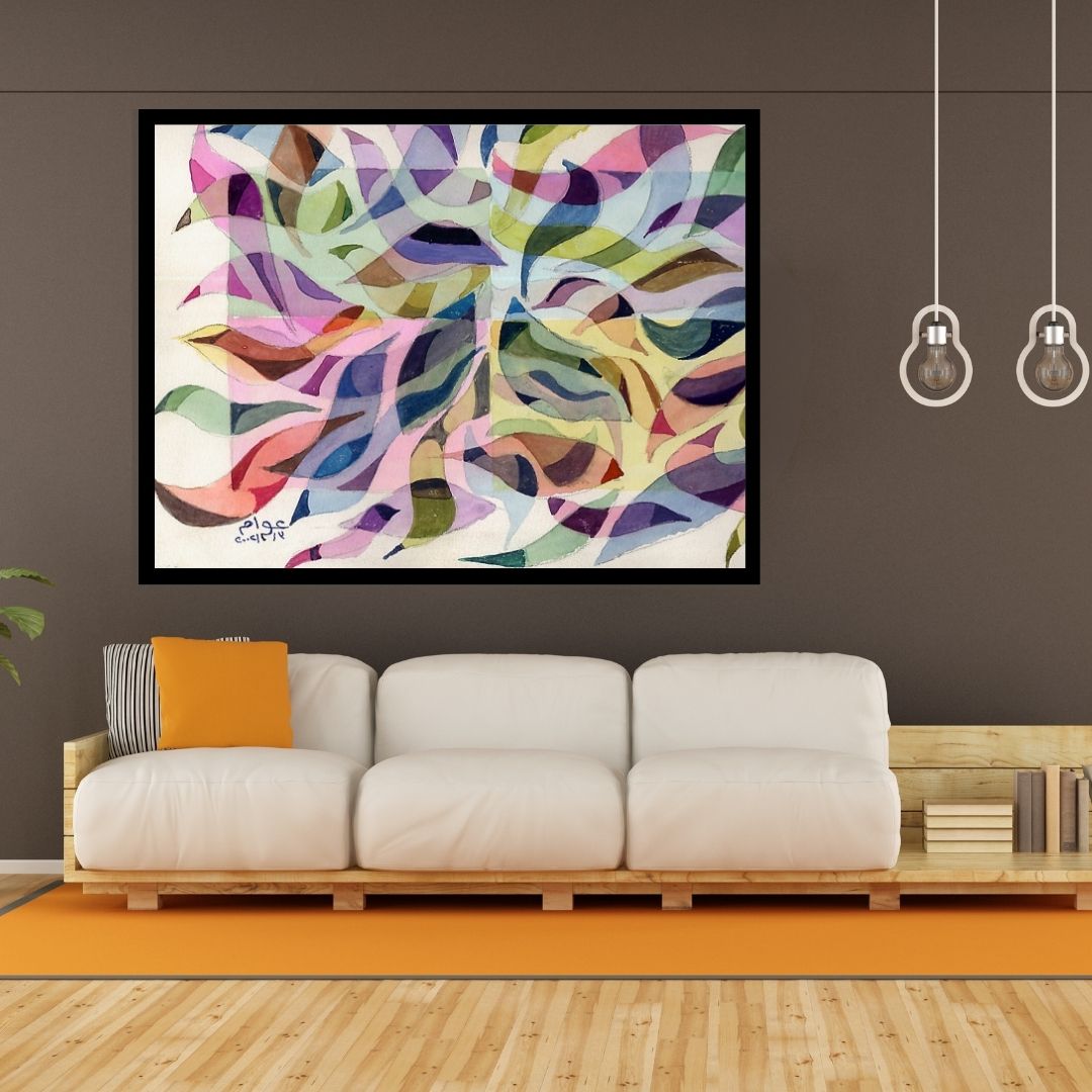 Colorful abstract pattern with swirling shapes on a white background. Music of Nature (موسيقي الطبيعة) – abstract expressionist painting by Professor Ibrahim Al Awam, ArtixHub