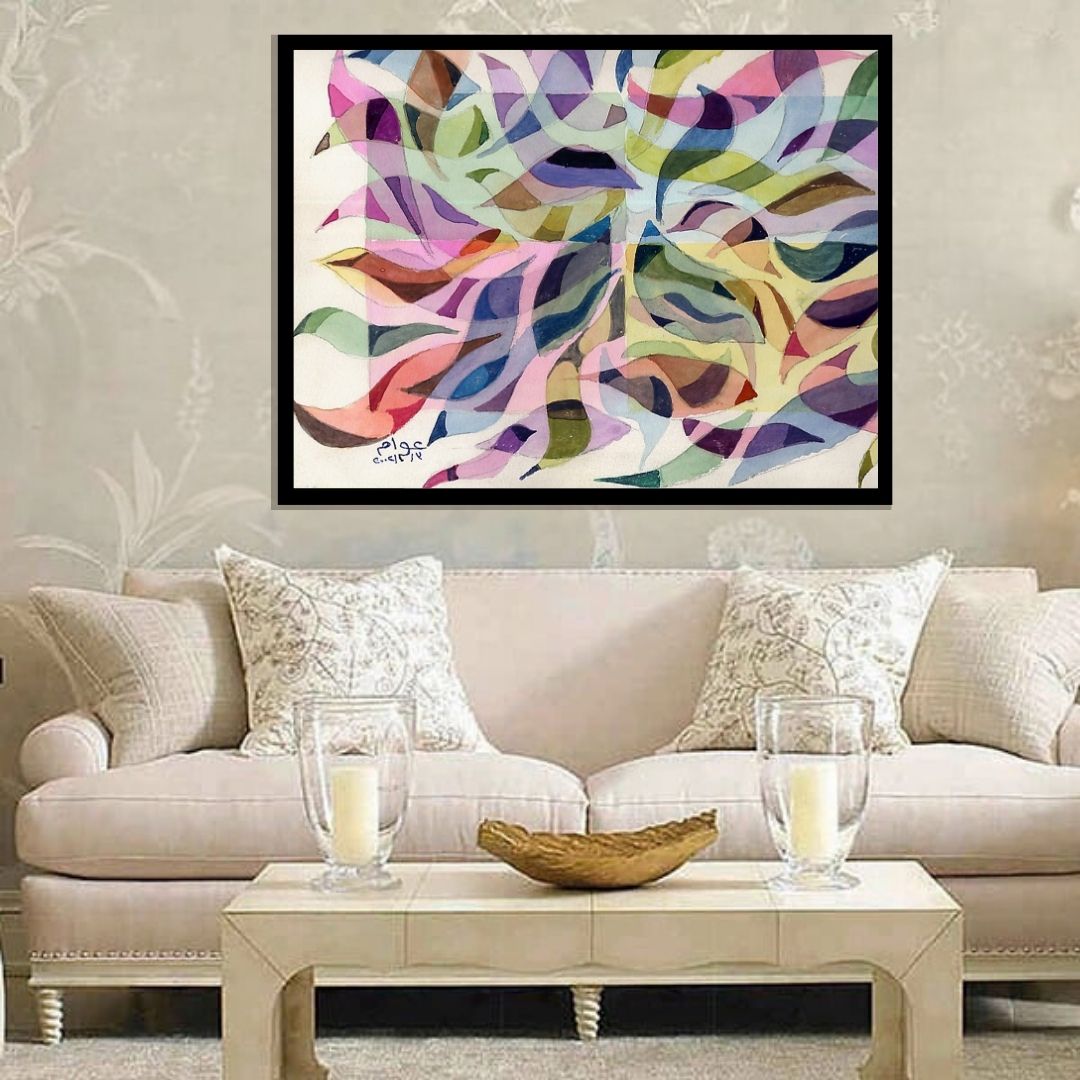 Colorful abstract pattern with swirling shapes on a white background. Music of Nature (موسيقي الطبيعة) – abstract expressionist painting by Professor Ibrahim Al Awam, ArtixHub