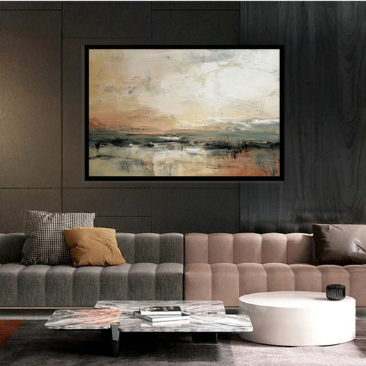 Muted Tides, abstract landscape painting of a shoreline in beige, grey