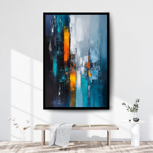 Night Drawn Tall by Lior Ezan – abstract vertical cityscape in deep blue and glowing orange on ArtixHub