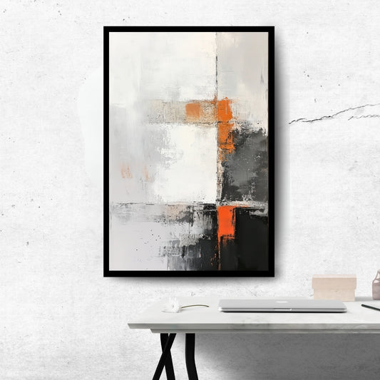 Orange Accent by Lior Ezan – minimalist abstract painting in white, black, and orange on ArtixHub