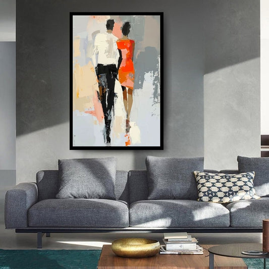 Parallel Lives, abstract figurative painting of two fashion-forward figures walking side by side