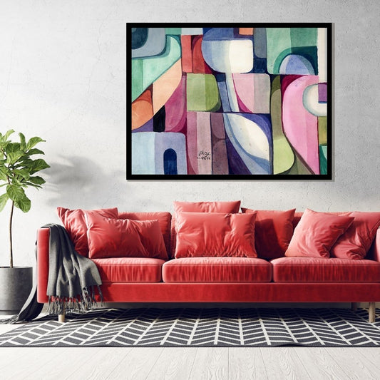 Colorful abstract patterned rug with geometric shapes. Pattern of Thought in Beauty 1 (نسق الفكر في الجمال 1) – abstract expressionist painting by Professor Ibrahim Al Awam, ArtixHub