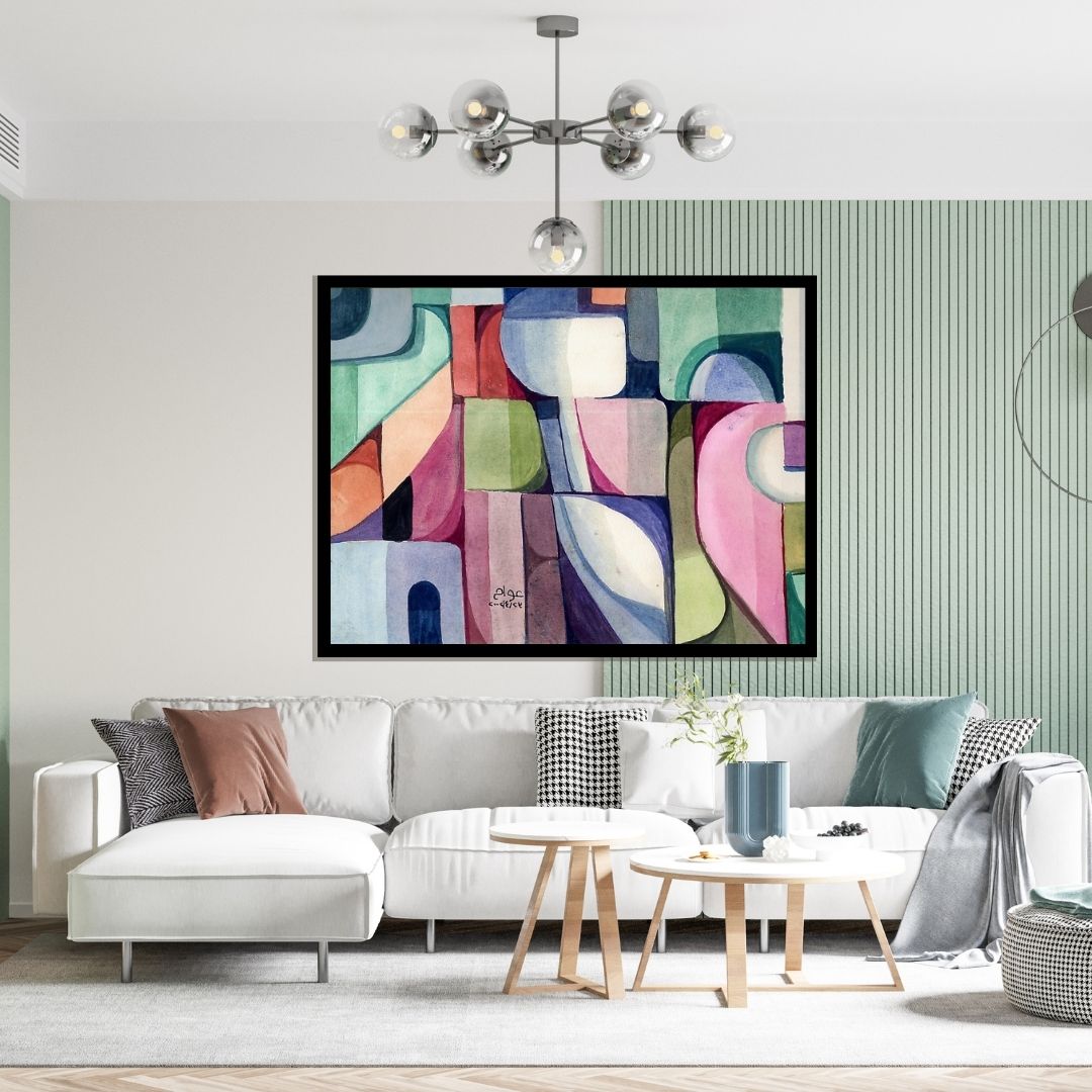 Colorful abstract patterned rug with geometric shapes. Pattern of Thought in Beauty 1 (نسق الفكر في الجمال 1) – abstract expressionist painting by Professor Ibrahim Al Awam, ArtixHub