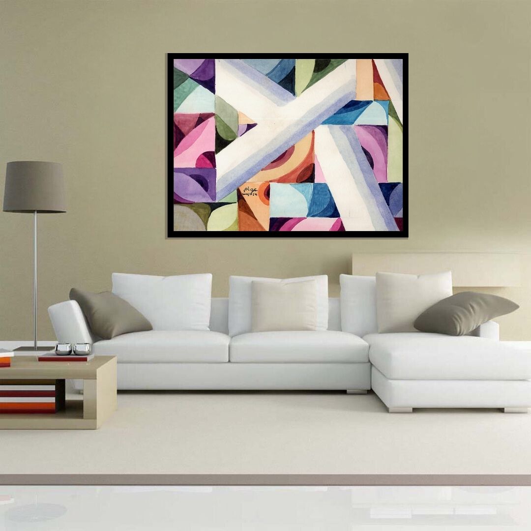 Abstract art piece with geometric shapes in various colors. Pattern of Thought in Beauty 2 (نسق الفكر في الجمال 2) – abstract expressionist painting by Professor Ibrahim Al Awam, ArtixHub