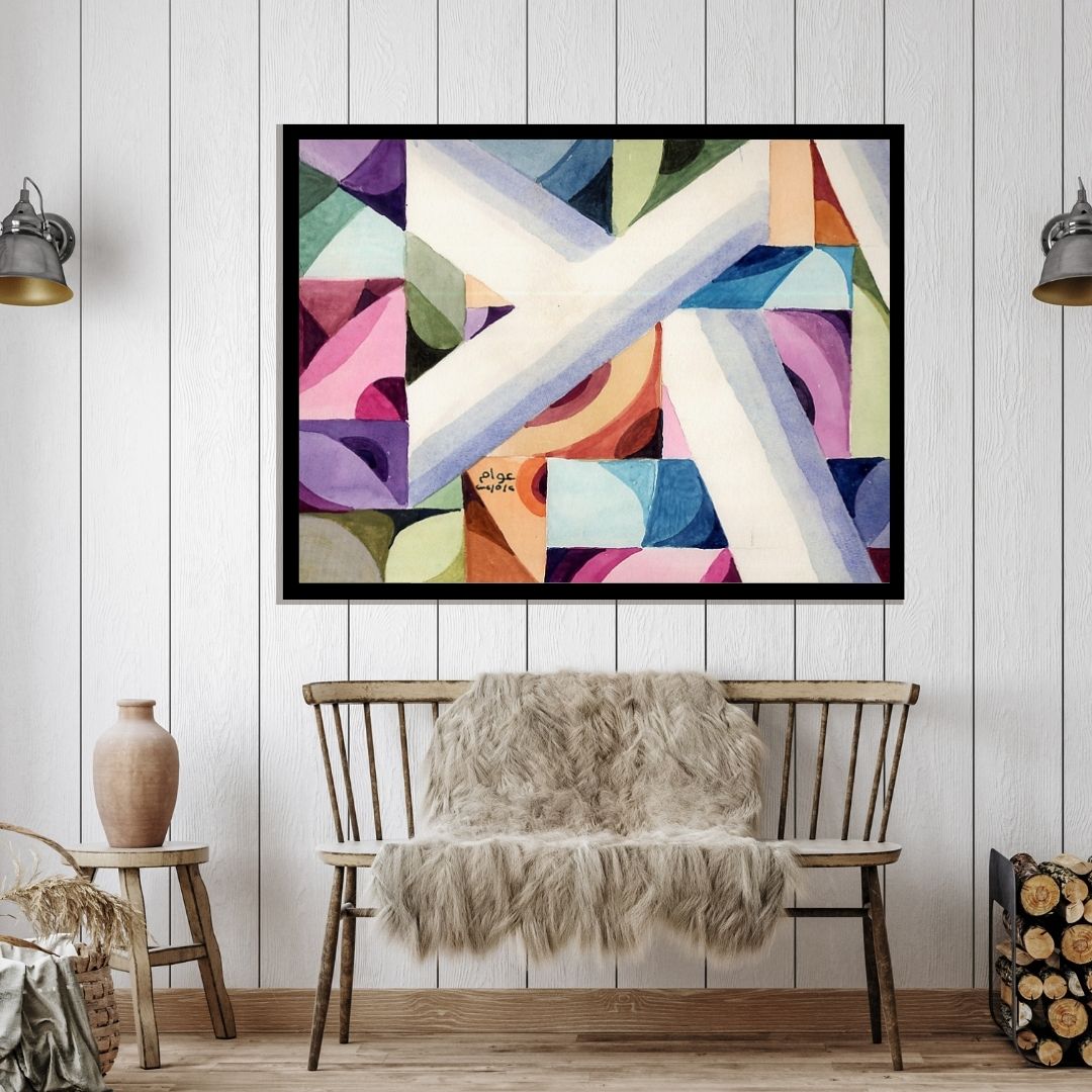 Abstract art piece with geometric shapes in various colors. Pattern of Thought in Beauty 2 (نسق الفكر في الجمال 2) – abstract expressionist painting by Professor Ibrahim Al Awam, ArtixHub