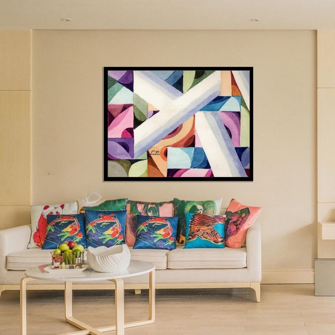 Abstract art piece with geometric shapes in various colors. Pattern of Thought in Beauty 2 (نسق الفكر في الجمال 2) – abstract expressionist painting by Professor Ibrahim Al Awam, ArtixHub