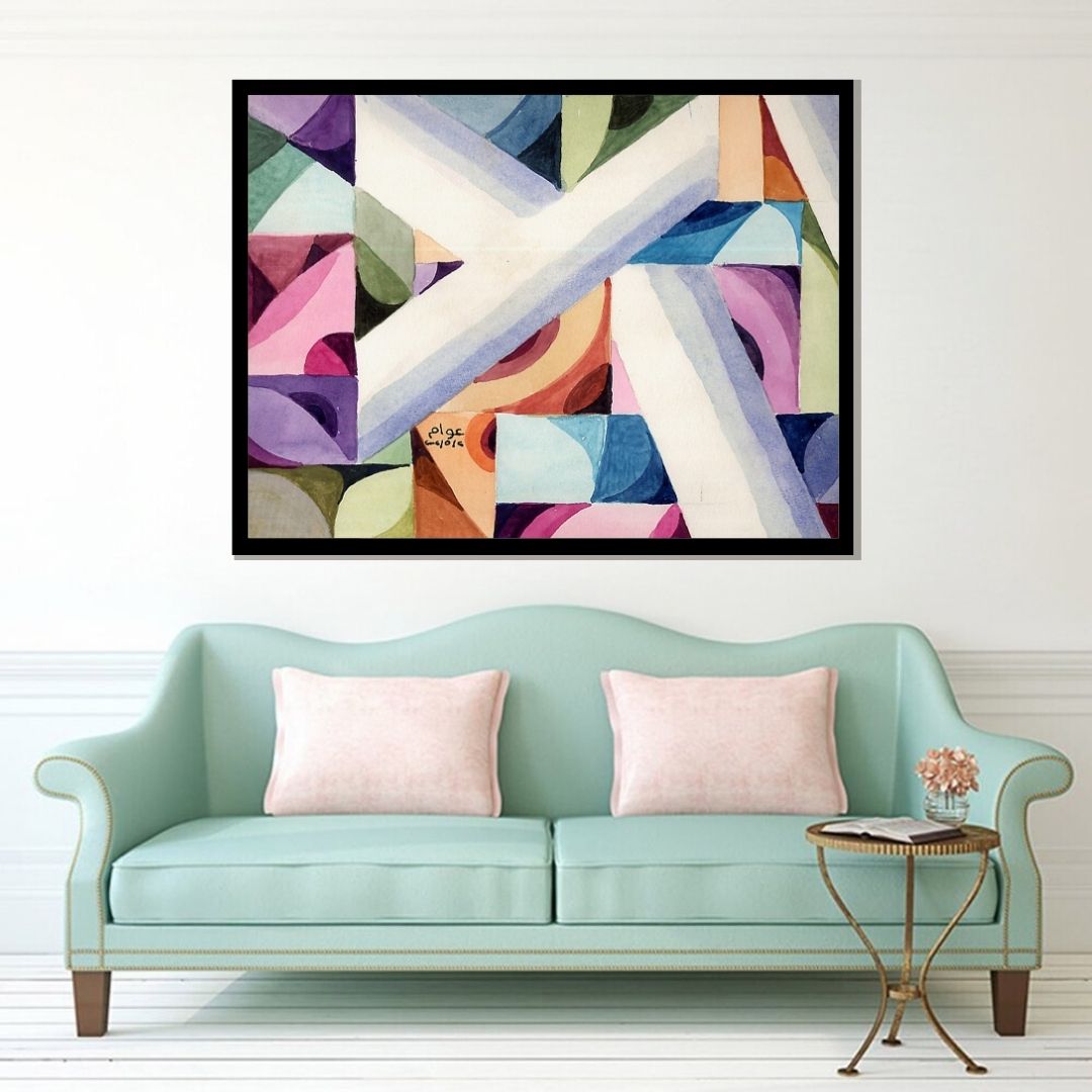 Abstract art piece with geometric shapes in various colors. Pattern of Thought in Beauty 2 (نسق الفكر في الجمال 2) – abstract expressionist painting by Professor Ibrahim Al Awam, ArtixHub