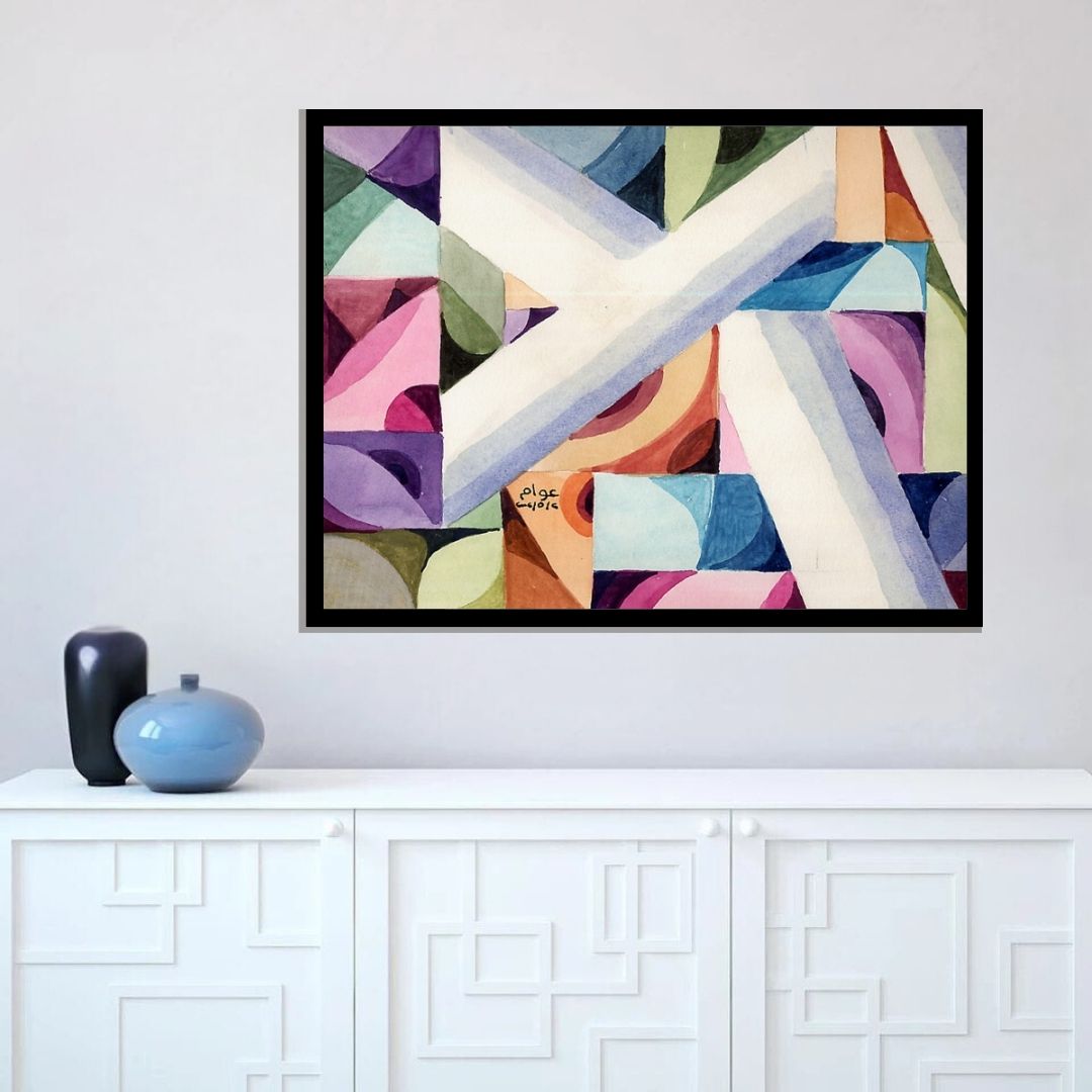 Abstract art piece with geometric shapes in various colors. Pattern of Thought in Beauty 2 (نسق الفكر في الجمال 2) – abstract expressionist painting by Professor Ibrahim Al Awam, ArtixHub