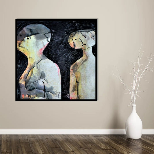 Abstract artwork with black and white figures on a textured background. Perplexity (الحيرة) – abstract expressionist figurative painting of two fragmented human forms in muted tones by Professor Ibrahim Al Awam, ArtixHub