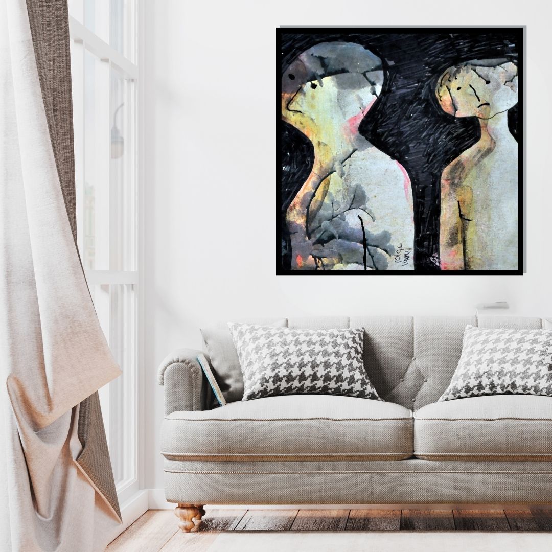 Abstract artwork with black and white figures on a textured background. Perplexity (الحيرة) – abstract expressionist figurative painting of two fragmented human forms in muted tones by Professor Ibrahim Al Awam, ArtixHub