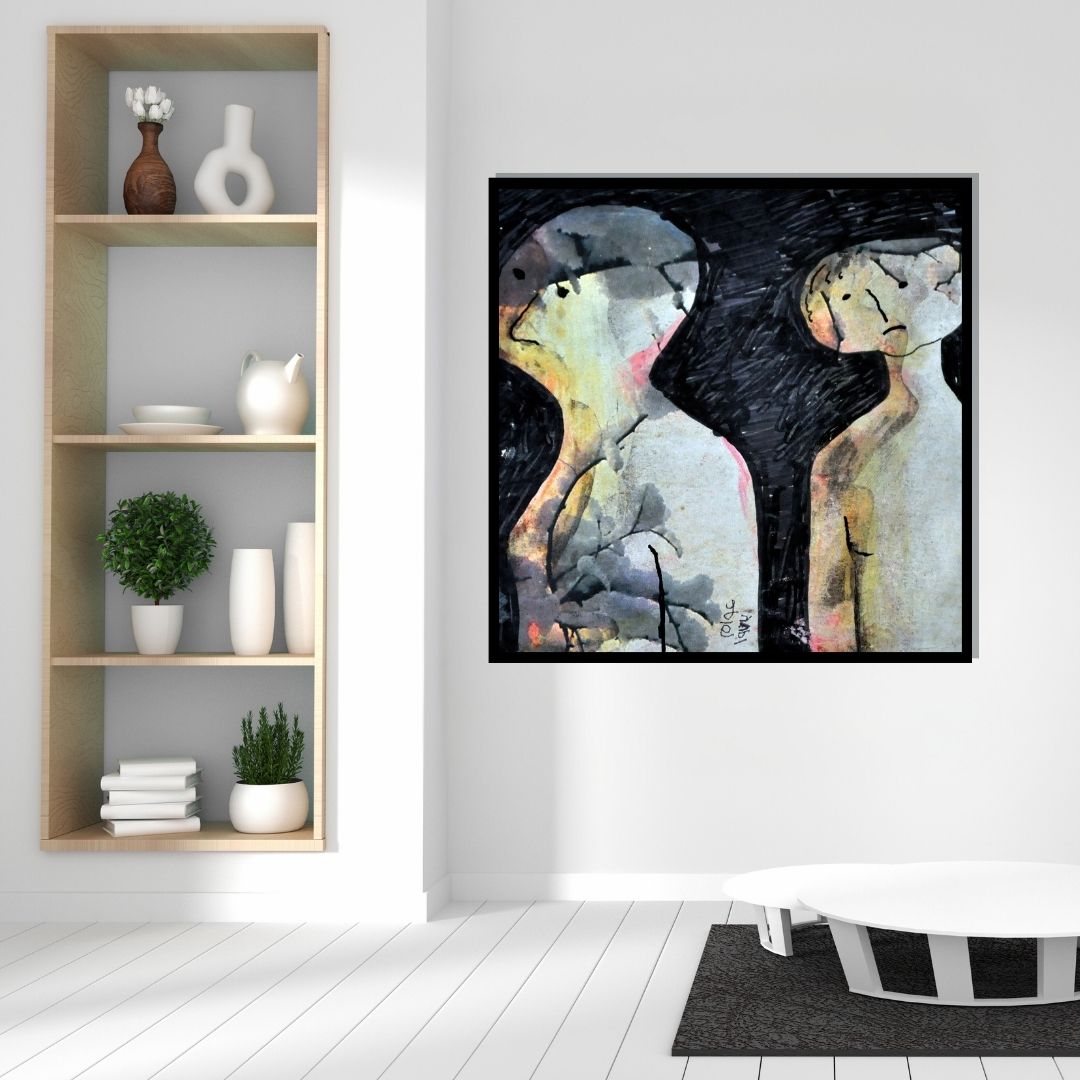 Abstract artwork with black and white figures on a textured background. Perplexity (الحيرة) – abstract expressionist figurative painting of two fragmented human forms in muted tones by Professor Ibrahim Al Awam, ArtixHub