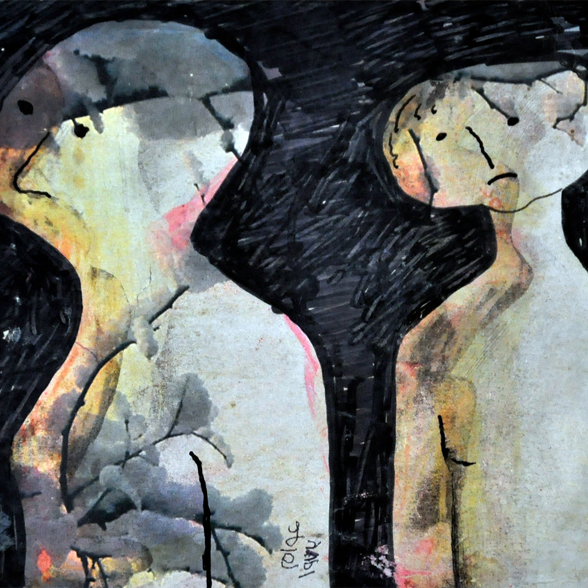 Abstract artwork with black and white figures on a textured background. Perplexity (الحيرة) – abstract expressionist figurative painting of two fragmented human forms in muted tones by Professor Ibrahim Al Awam, ArtixHub