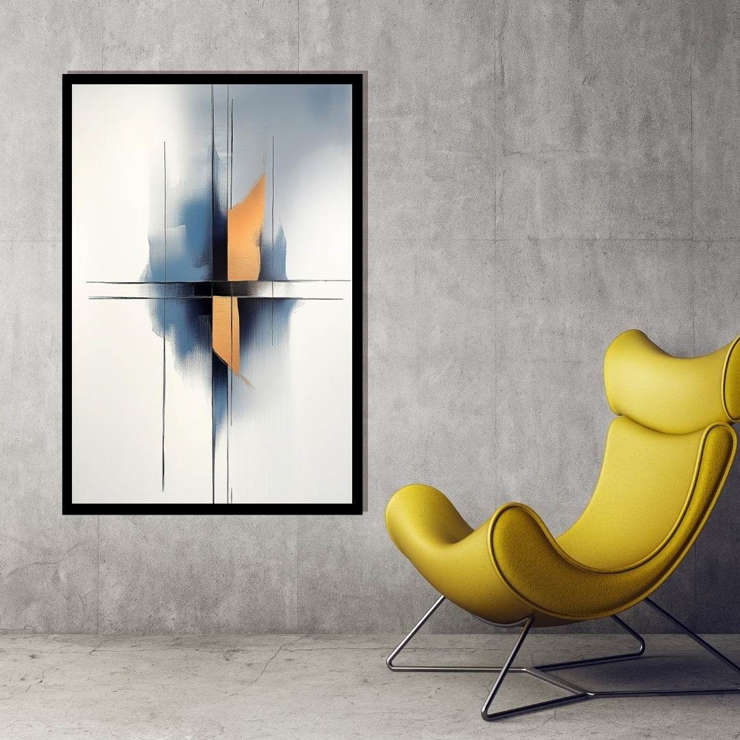 Polar Merge by ArtixHub – minimalist abstract painting with black linear strokes, soft blue gradients, and gold accents on white background