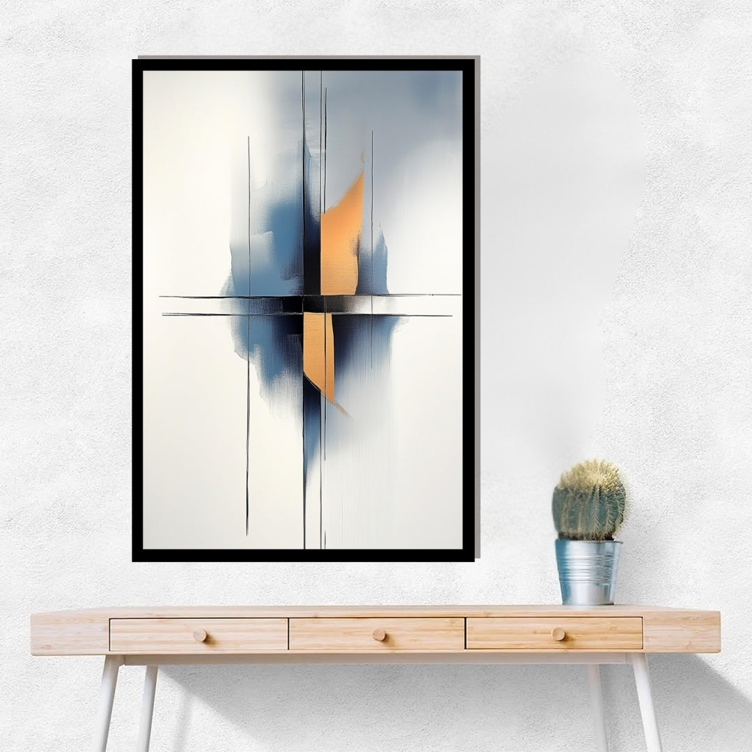 Polar Merge by ArtixHub – minimalist abstract painting with black linear strokes, soft blue gradients, and gold accents on white background
