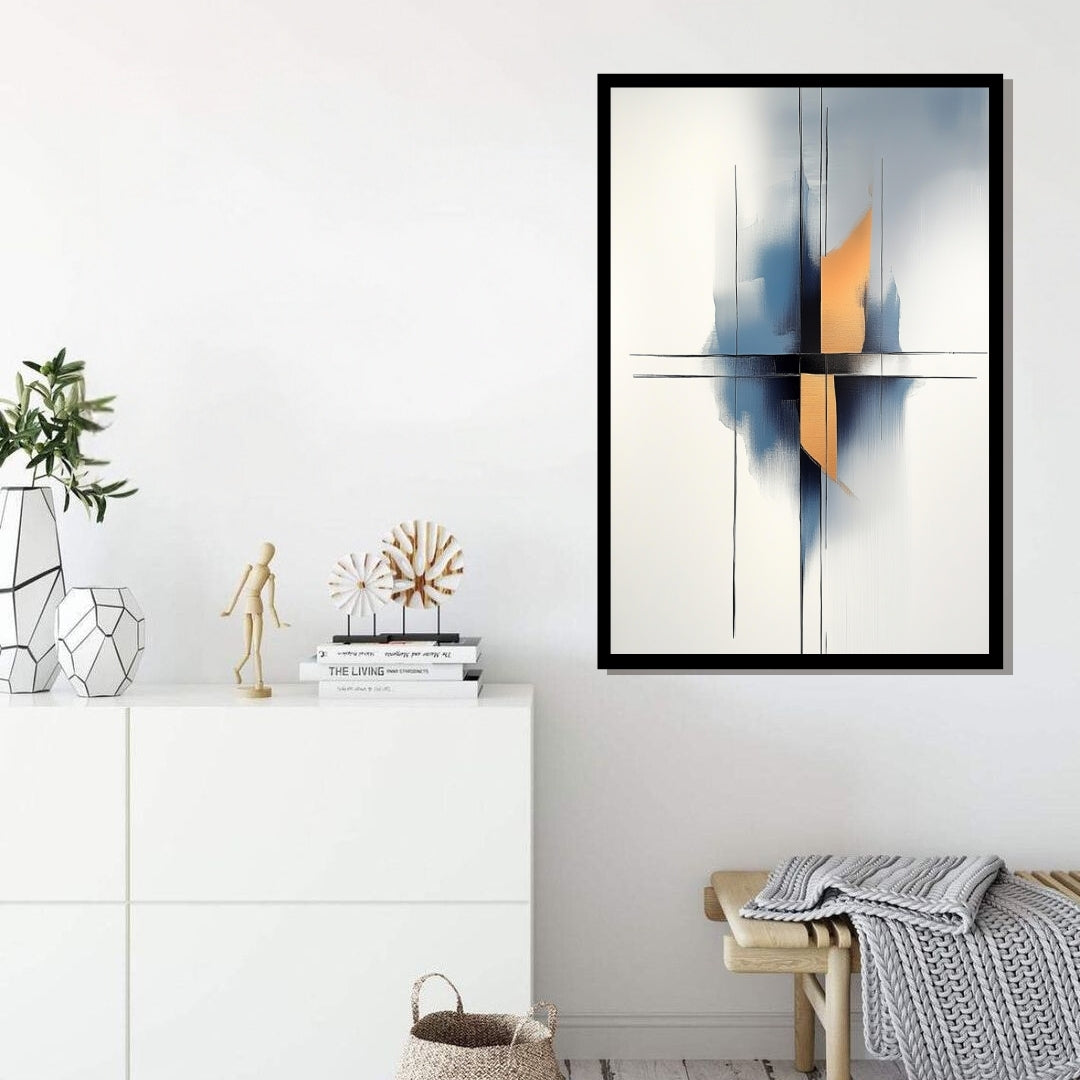 Polar Merge by ArtixHub – minimalist abstract painting with black linear strokes, soft blue gradients, and gold accents on white background
