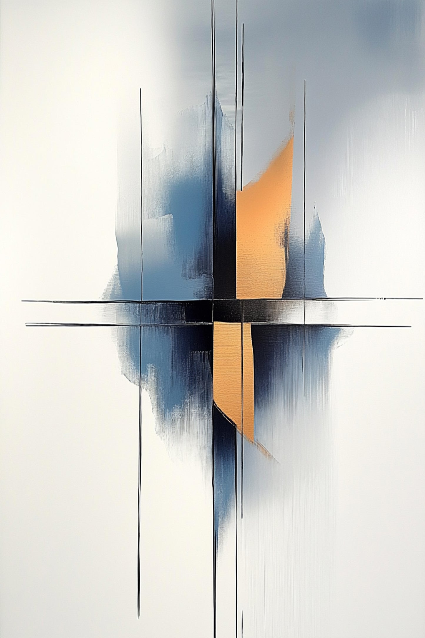Polar Merge by ArtixHub – minimalist abstract painting with black linear strokes, soft blue gradients, and gold accents on white background