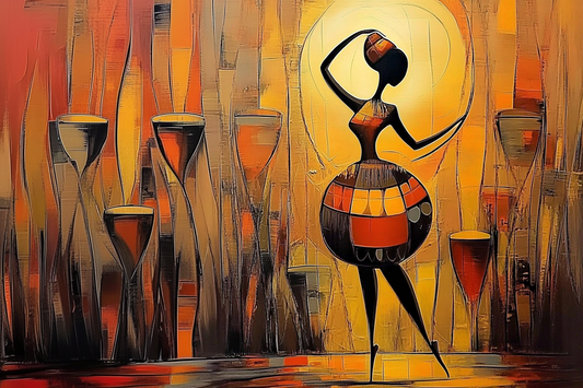 Abstract artwork of a dancer with colorful patterns. Pulse of the Djembe – African figurative abstract painting of a dancing woman with tribal drums in warm golden tones by Amina Diallo