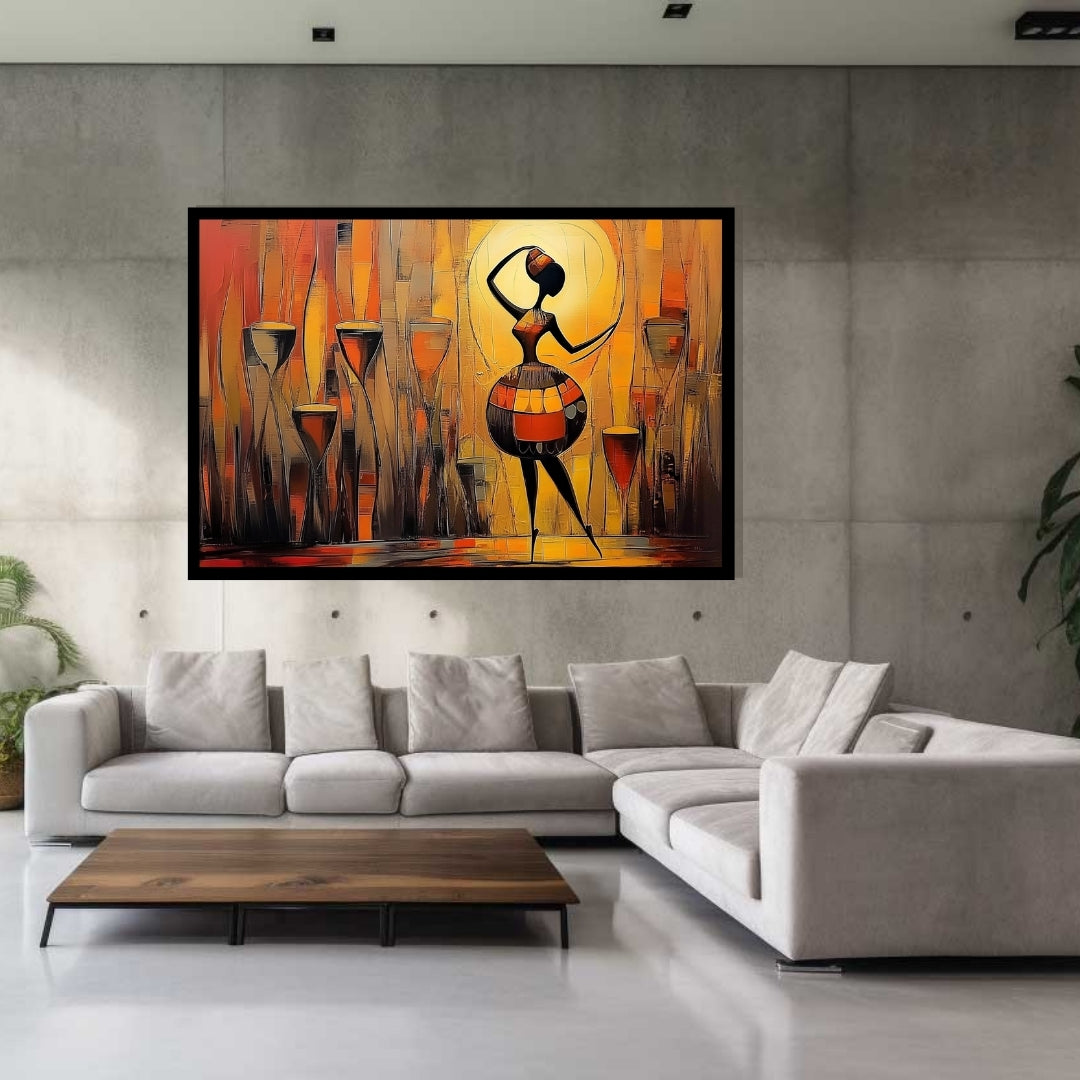 Abstract artwork of a dancer with colorful patterns. Pulse of the Djembe – African figurative abstract painting of a dancing woman with tribal drums in warm golden tones by Amina Diallo