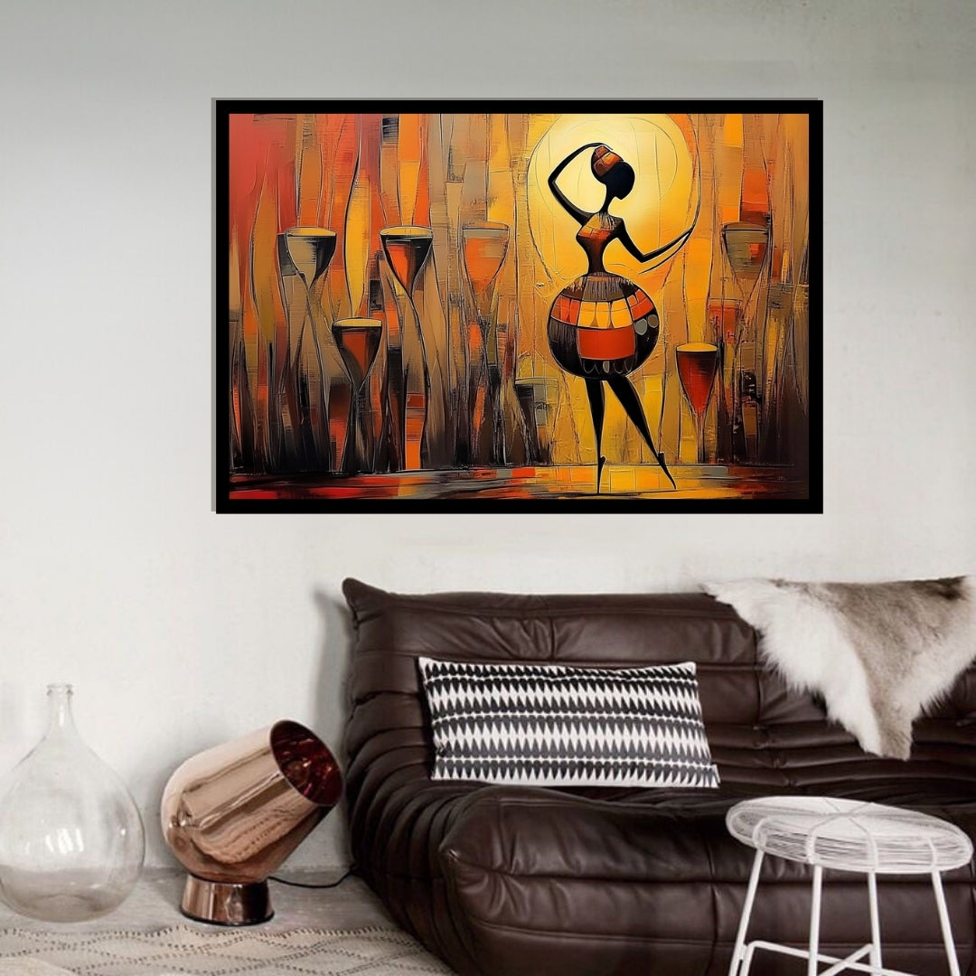 Abstract artwork of a dancer with colorful patterns. Pulse of the Djembe – African figurative abstract painting of a dancing woman with tribal drums in warm golden tones by Amina Diallo