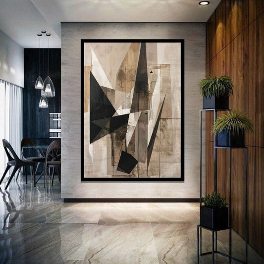 Raw Mass – geometric abstract painting featuring sharp black and brown triangular shards over a