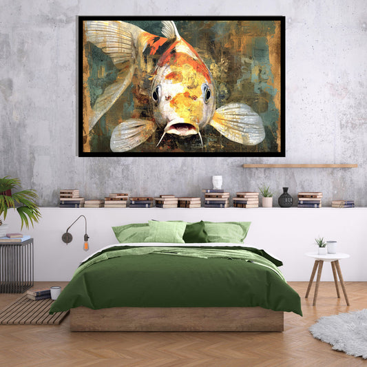 Rebel Koi, abstract surreal painting of a koi fish with layered textures and expressive detail