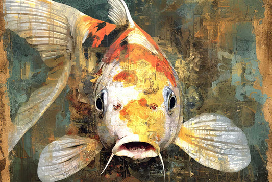 Rebel Koi – abstract surreal painting of a koi fish with layered textures and expressive detail, available on ArtixHub