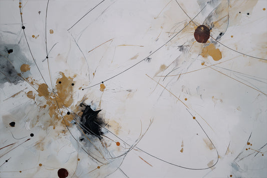 Residual Force – abstract minimalist painting with gold splashes and black expressive lines on white background, available on ArtixHub