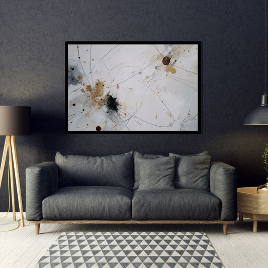 Residual Force, abstract minimalist painting with gold splashes and black expressive lines