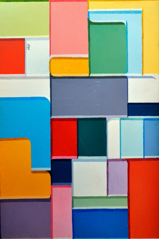 Abstract art piece with colorful geometric shapes. Rhythm – colorful geometric abstract painting with interlocking rectangular forms in red, blue, green, and yellow by Professor Ibrahim Al Awam, ArtixHub