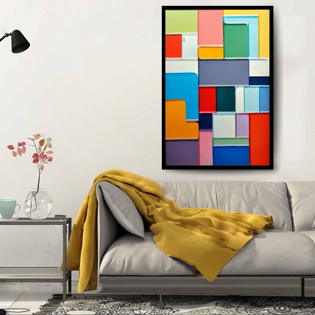 Abstract art piece with colorful geometric shapes. Rhythm – colorful geometric abstract painting with interlocking rectangular forms in red, blue, green, and yellow by Professor Ibrahim Al Awam, ArtixHub