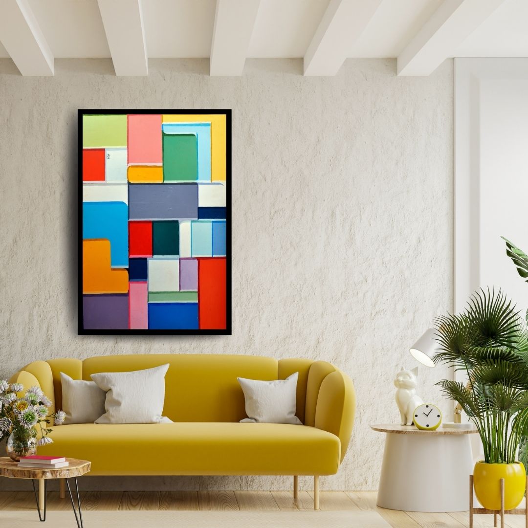 Abstract art piece with colorful geometric shapes. Rhythm – colorful geometric abstract painting with interlocking rectangular forms in red, blue, green, and yellow by Professor Ibrahim Al Awam, ArtixHub