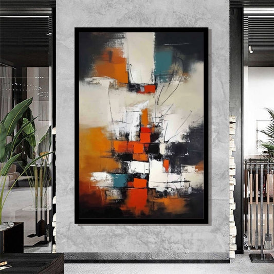 Rise in Fragments by Lior Ezan – modern abstract painting with orange, black, and white blocks on ArtixHub