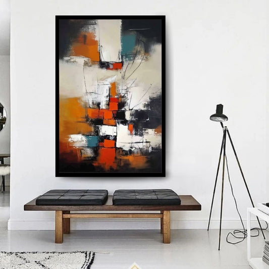 Rise in Fragments by Lior Ezan, modern abstract painting with orange, black