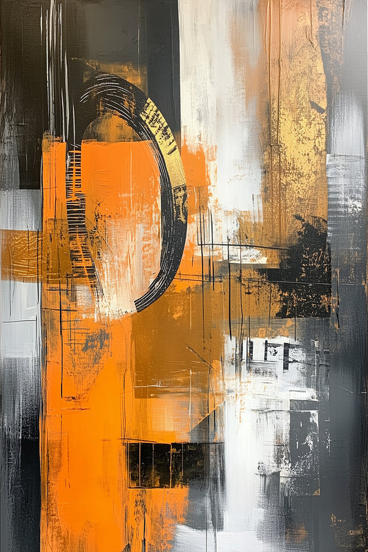 Ritual in Rust by ArtixHub – abstract painting with burnt orange, black, gold, and white industrial textures and circular form