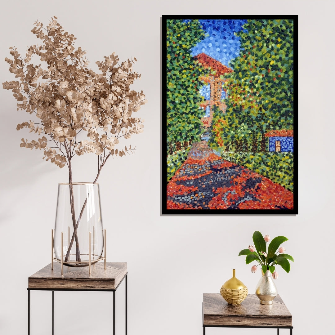 Pointillist painting of a landscape with trees and buildings. Saoufar – colorful pointillism landscape painting of a Lebanese village scene by Mira Ayyash