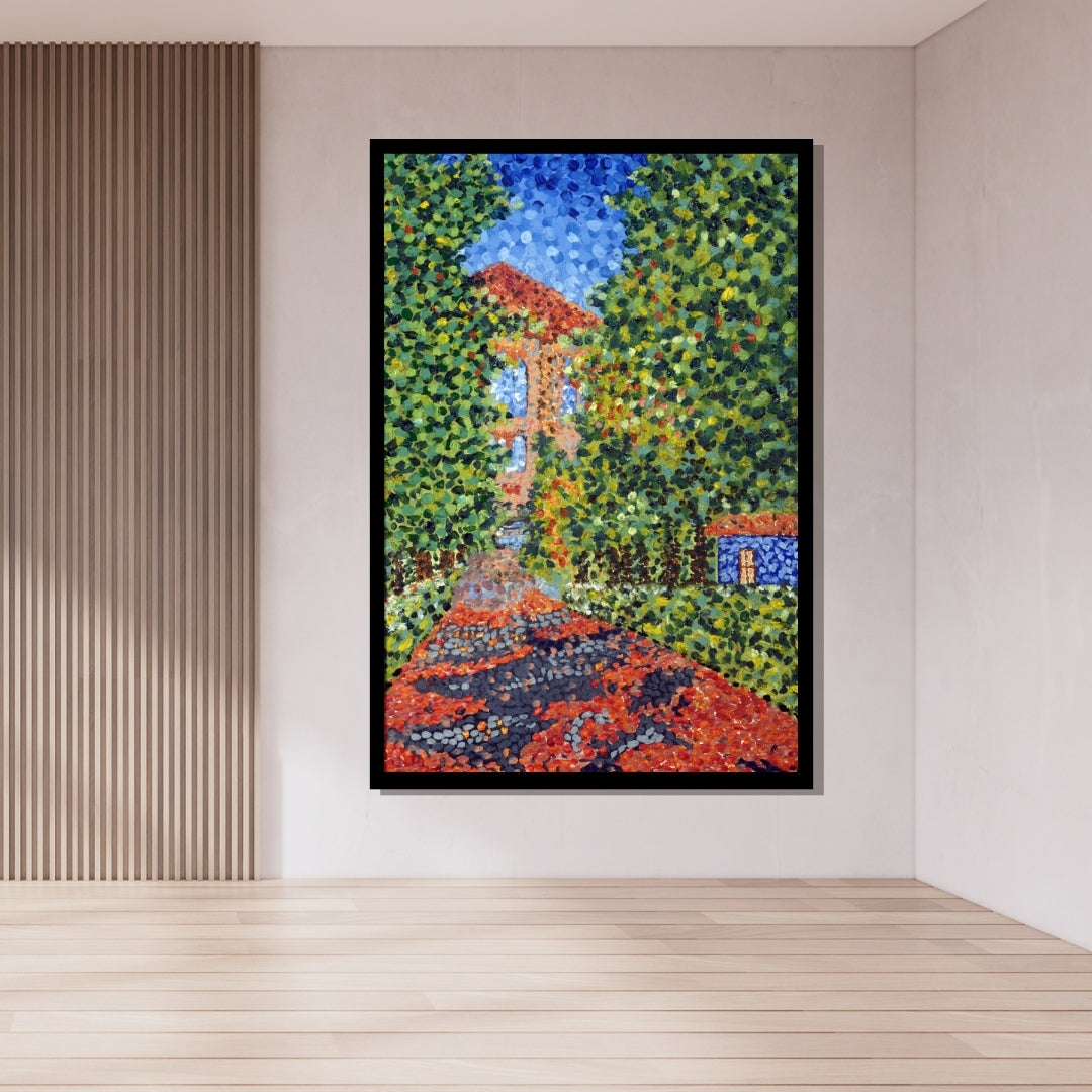Pointillist painting of a landscape with trees and buildings. Saoufar – colorful pointillism landscape painting of a Lebanese village scene by Mira Ayyash