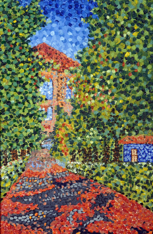 Pointillist painting of a landscape with trees and buildings. Saoufar – colorful pointillism landscape painting of a Lebanese village scene by Mira Ayyash