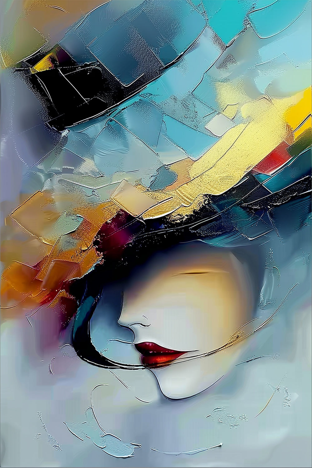 Shards of Her abstract painting – fragmented female face with vivid colors, red lips, and geometric strokes from ArtixHub